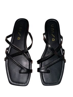 Unisa Black Strappy Sandals Women’s 7 Flats Slide Faux Leather Toe Ring Strap